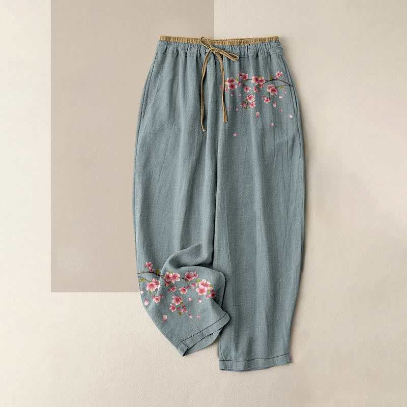 Buddha Stones Pantalones de mujer de algodón puro con estampado de flores rosas, cintura elástica y bolsillos. - Azul claro - US16，UK/AU20，EU48 (3XL) - image 4