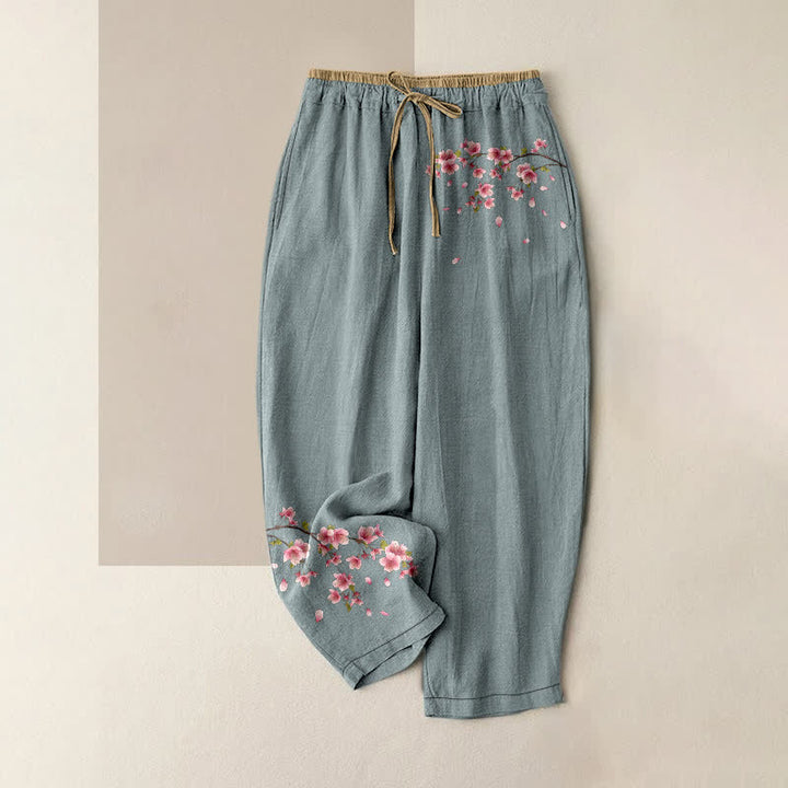 Buddha Stones Pantalones de mujer de algodón puro con estampado de flores rosas, cintura elástica y bolsillos. - Azul claro - US16，UK/AU20，EU48 (3XL) - image 4
