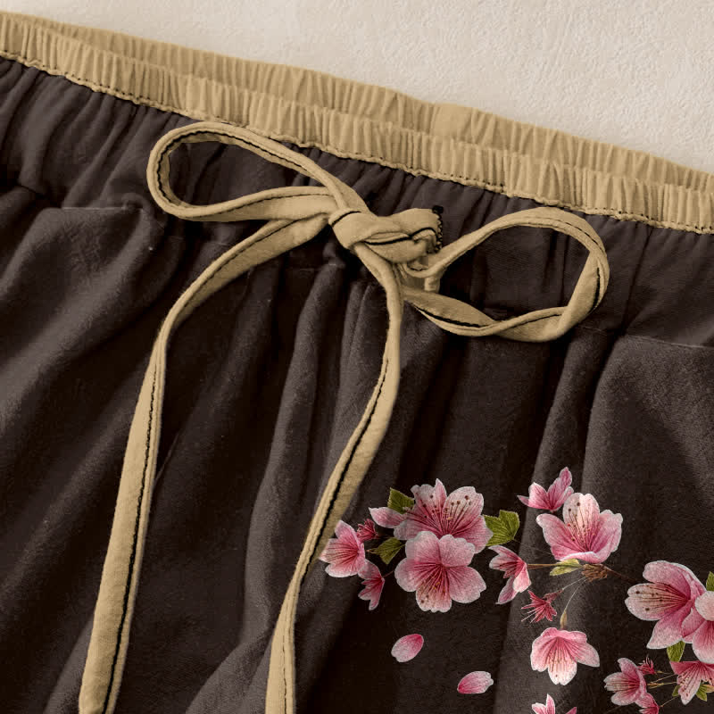 Buddha Stones Pantalones de mujer de algodón puro con estampado de flores rosas, cintura elástica y bolsillos. - image 9