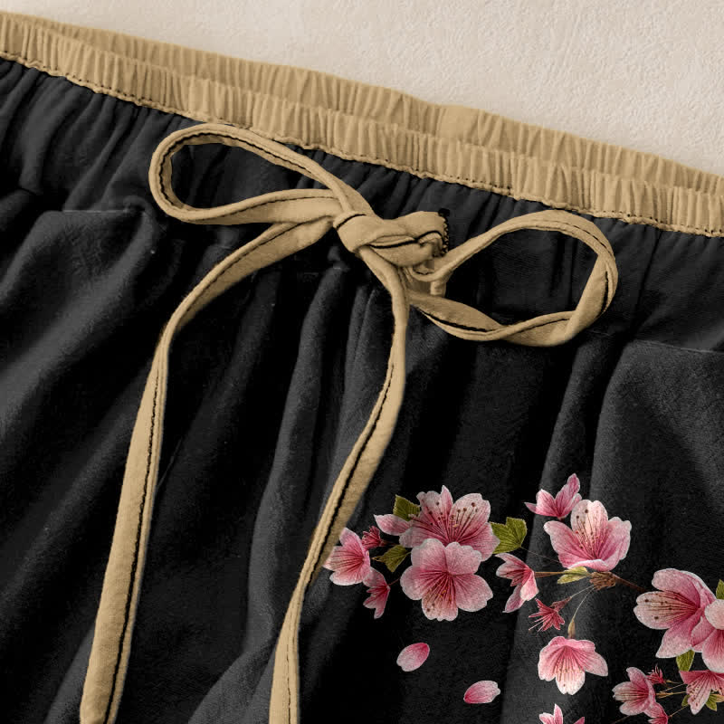 Buddha Stones Pantalones de mujer de algodón puro con estampado de flores rosas, cintura elástica y bolsillos. - image 1