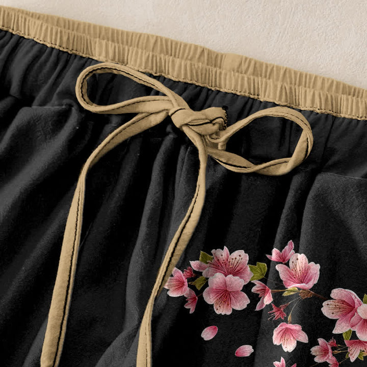 Buddha Stones Pantalones de mujer de algodón puro con estampado de flores rosas, cintura elástica y bolsillos. - image 1