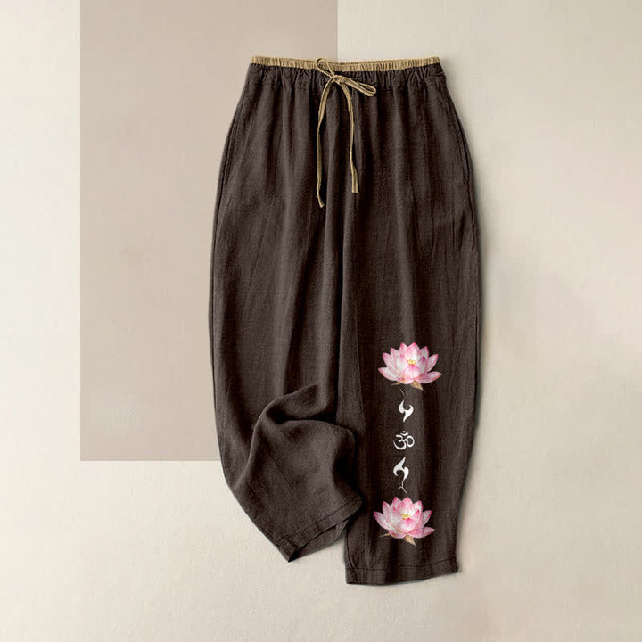Buddha Stones Pantalones de mujer de algodón puro con estampado de loto rosa OM Zen, cintura elástica y bolsillos. - Marrón silla de montar - US16，UK/AU20，EU48 (3XL) - image 8