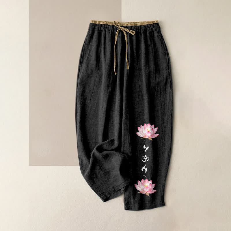 Buddha Stones Pantalones de mujer de algodón puro con estampado de loto rosa OM Zen, cintura elástica y bolsillos. - Negro - US16，UK/AU20，EU48 (3XL) - image 4