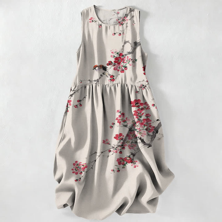 Buddha Stones Vestido midi de verano informal para mujer con estampado de ramas de flores rosas y bolsillos. - Beige - US16，UK/AU20，EU48 (3XL) - image 0