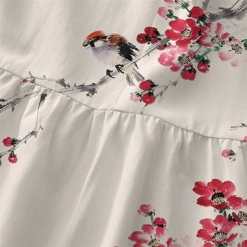 Buddha Stones Vestido midi de verano informal para mujer con estampado de ramas de flores rosas y bolsillos. - image 1