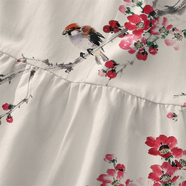 Buddha Stones Vestido midi de verano informal para mujer con estampado de ramas de flores rosas y bolsillos. - image 1