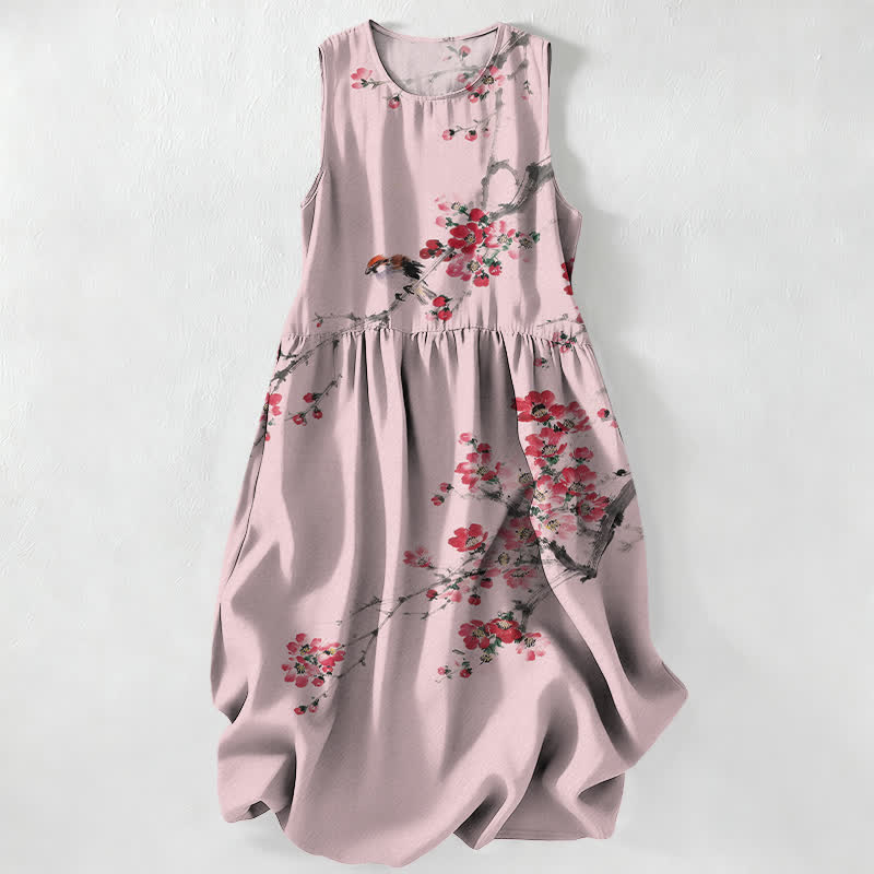 Buddha Stones Vestido midi de verano informal para mujer con estampado de ramas de flores rosas y bolsillos. - rosa claro - US16，UK/AU20，EU48 (3XL) - image 5