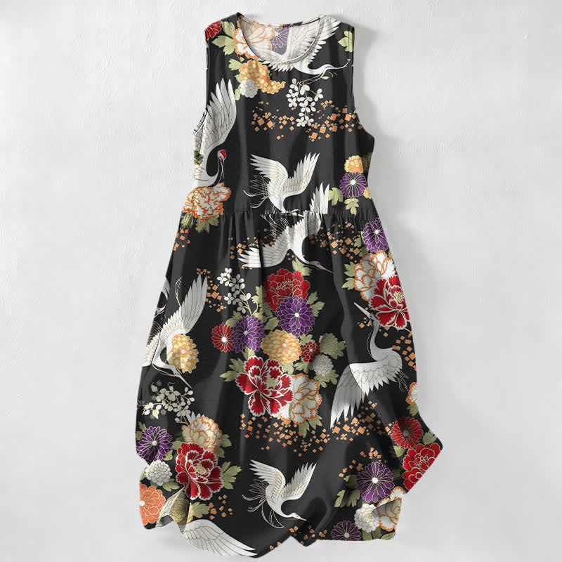 Buddha Stones Vestido midi de verano informal vintage con estampado floral de grullas para mujer, sin mangas y con bolsillos. - Negro - US16，UK/AU20，EU48 (3XL) - image 0