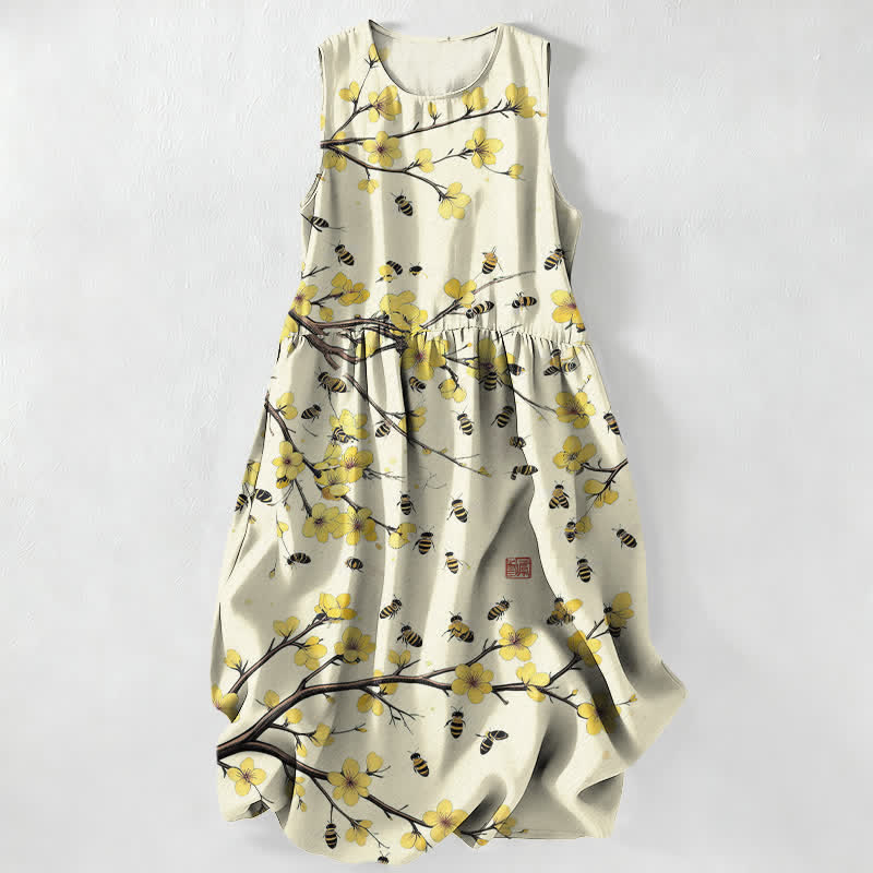 Buddha Stones Vestido midi de verano informal para mujer con estampado floral amarillo y diseño de ramas, sin mangas y con bolsillos. - Beige - US16，UK/AU20，EU48 (3XL) - image 0