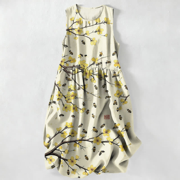 Buddha Stones Vestido midi de verano informal para mujer con estampado floral amarillo y diseño de ramas, sin mangas y con bolsillos. - Beige - US16，UK/AU20，EU48 (3XL) - image 0