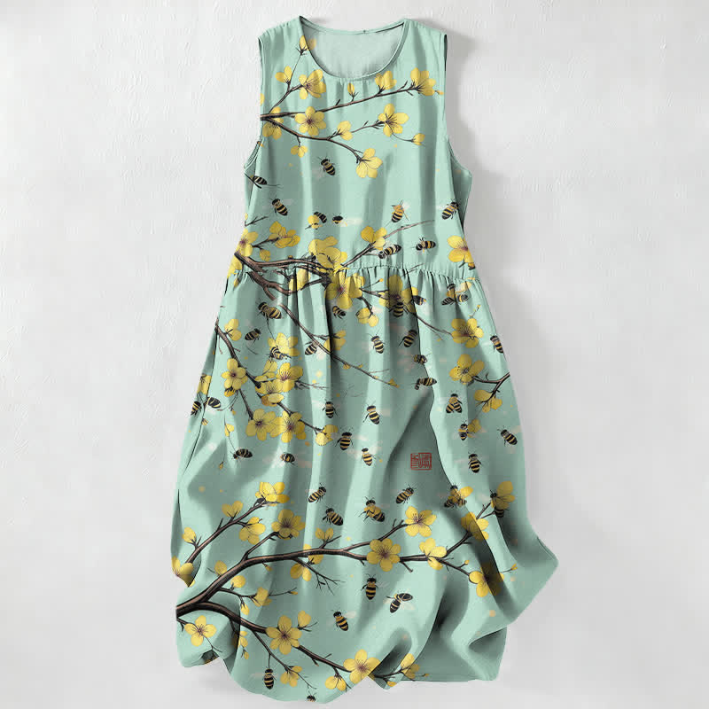 Buddha Stones Vestido midi de verano informal para mujer con estampado floral amarillo y diseño de ramas, sin mangas y con bolsillos. - Verde pálido - US16，UK/AU20，EU48 (3XL) - image 4