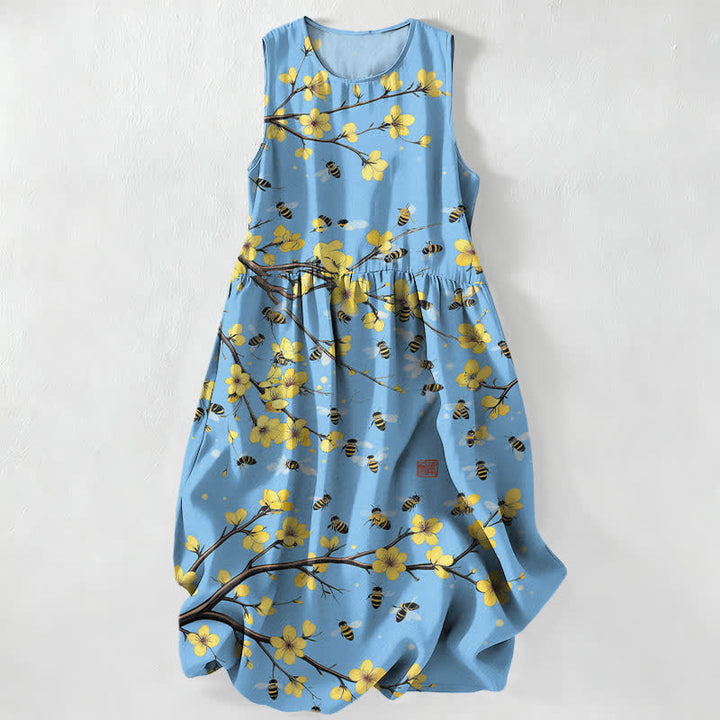 Buddha Stones Vestido midi de verano informal para mujer con estampado floral amarillo y diseño de ramas, sin mangas y con bolsillos. - Azul claro - US16，UK/AU20，EU48 (3XL) - image 5