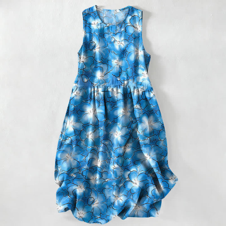 Buddha Stones Vestido midi de verano informal blanco con estampado floral de pétalos y bolsillos para mujer. - Azul aciano - US16，UK/AU20，EU48 (3XL) - image 0