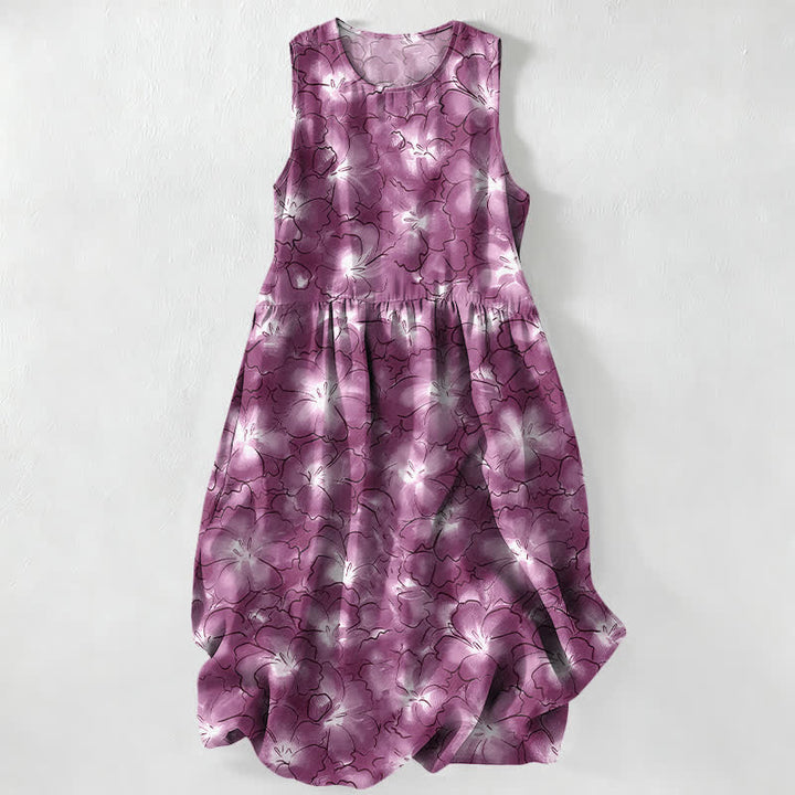 Buddha Stones Vestido midi de verano informal blanco con estampado floral de pétalos y bolsillos para mujer. - Orquídea mediana - US16，UK/AU20，EU48 (3XL) - image 4