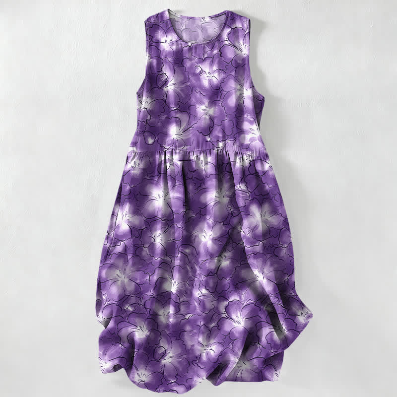 Buddha Stones Vestido midi de verano informal blanco con estampado floral de pétalos y bolsillos para mujer. - Morado medio - US16，UK/AU20，EU48 (3XL) - image 5
