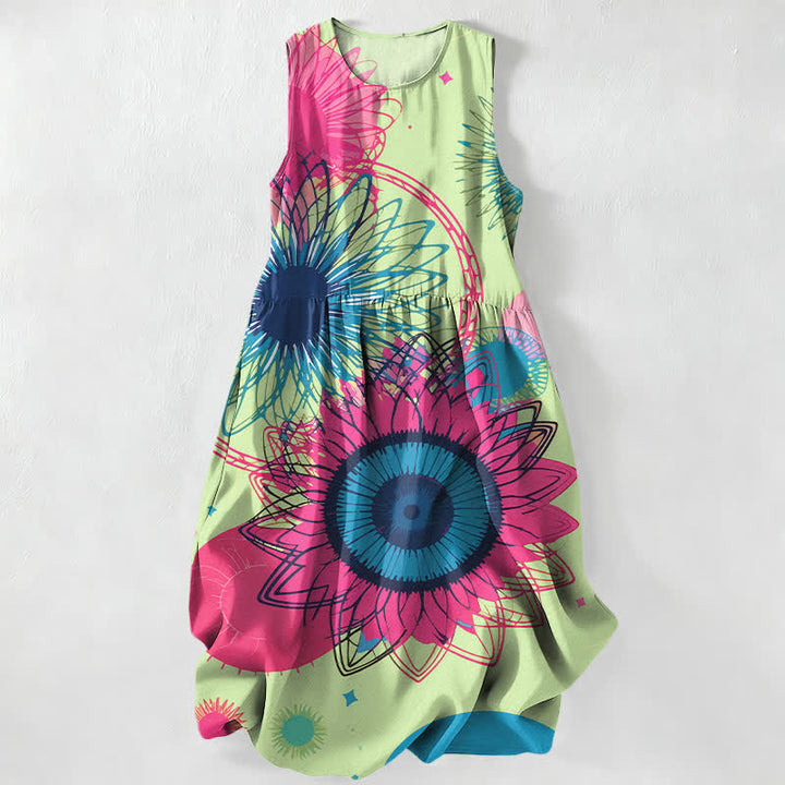 Buddha Stones Vestido midi sin mangas para mujer, estilo casual de verano, con estampado floral de grandes girasoles y bolsillos. - Verde pálido - US16，UK/AU20，EU48 (3XL) - image 5