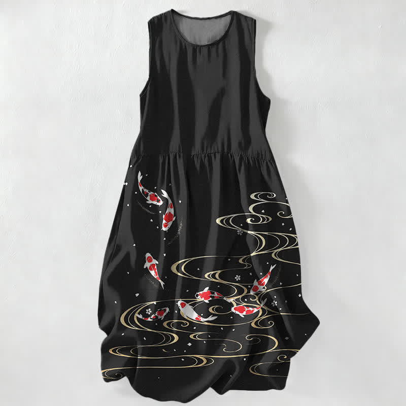 Buddha Stones Vestido midi de verano informal para mujer con estampado de ondas y peces koi, sin mangas y con bolsillos. - Negro - US16，UK/AU20，EU48 (3XL) - image 0