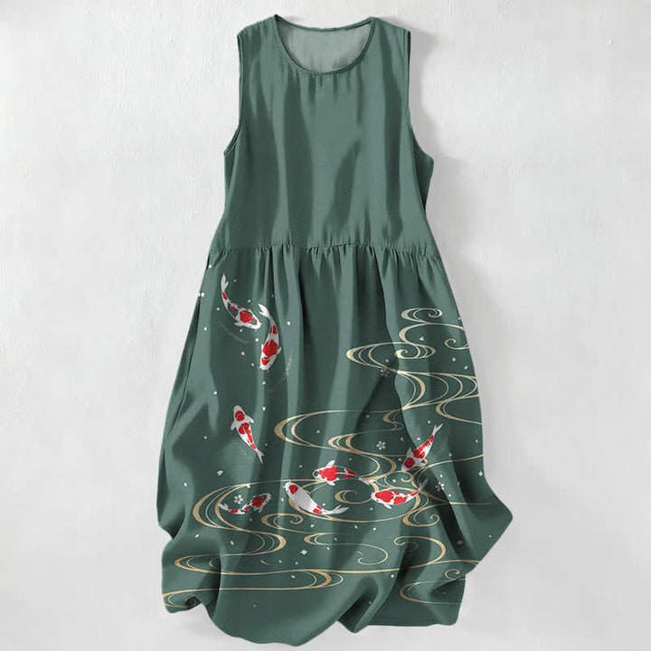 Buddha Stones Vestido midi de verano informal para mujer con estampado de ondas y peces koi, sin mangas y con bolsillos. - Verdemar - US16，UK/AU20，EU48 (3XL) - image 4