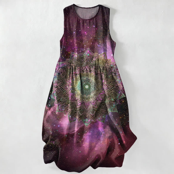 Buddha Stones Vestido midi de verano informal para mujer con estampado de mandala cósmico y galaxia, sin mangas y con bolsillos. - Púrpura - US16，UK/AU20，EU48 (3XL) - image 4