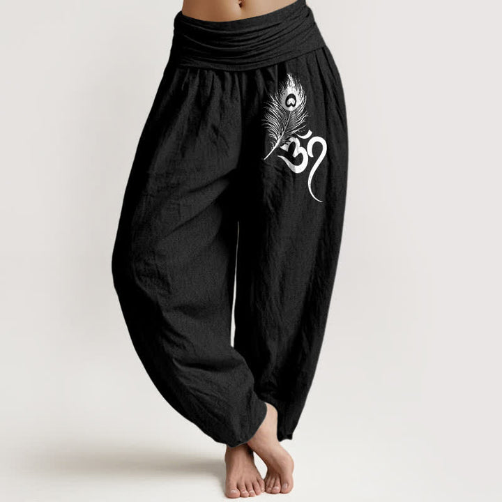 Buddha Stones Pantalones harem de mujer con cintura elástica y estampado de plumas Om, de algodón puro. - Negro - US16，UK/AU20，EU48 (3XL) - image 5