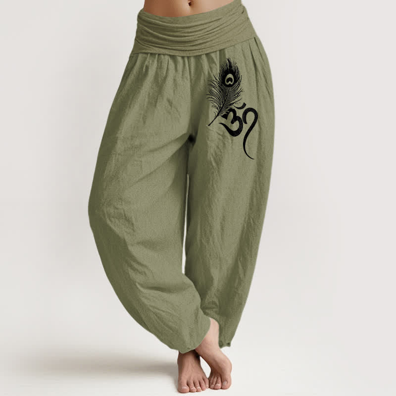 Buddha Stones Pantalones harem de mujer con cintura elástica y estampado de plumas Om, de algodón puro. - Verde oliva - US16，UK/AU20，EU48 (3XL) - image 11