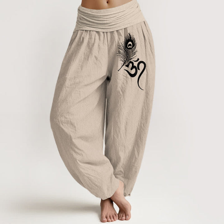 Buddha Stones Pantalones harem de mujer con cintura elástica y estampado de plumas Om, de algodón puro. - Broncearse - US16，UK/AU20，EU48 (3XL) - image 14