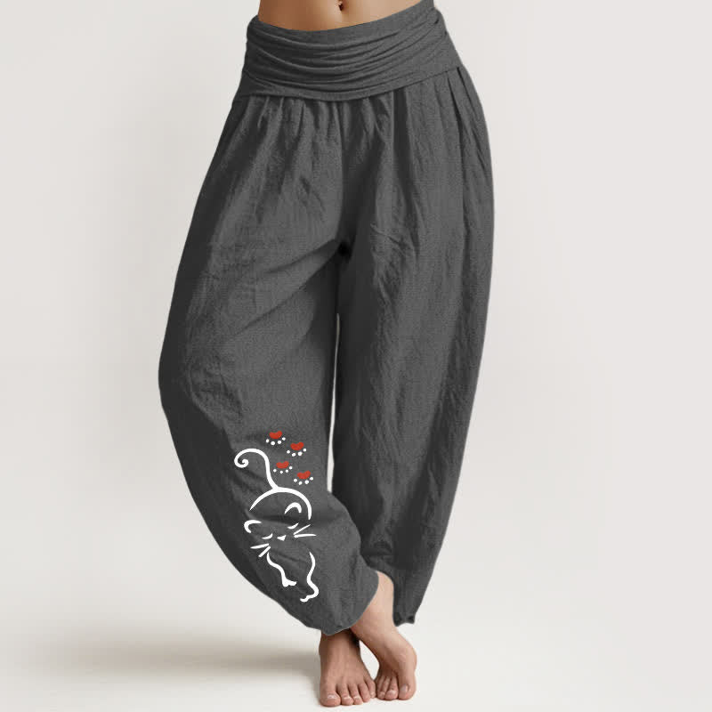Buddha Stones Pantalones harem de algodón puro con estampado de dibujos animados de gatos y cintura elástica para mujer. - Gris oscuro - US16，UK/AU20，EU48 (3XL) - image 8