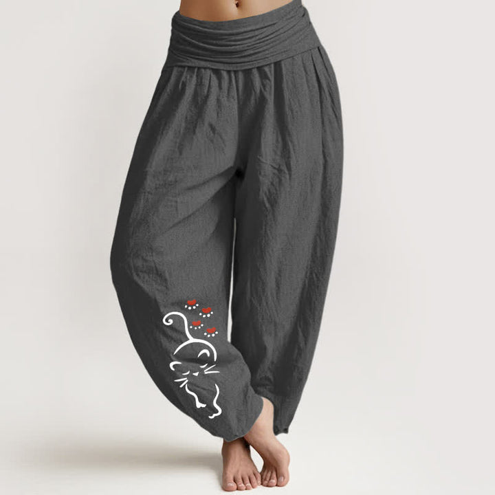 Buddha Stones Pantalones harem de algodón puro con estampado de dibujos animados de gatos y cintura elástica para mujer. - Gris oscuro - US16，UK/AU20，EU48 (3XL) - image 8