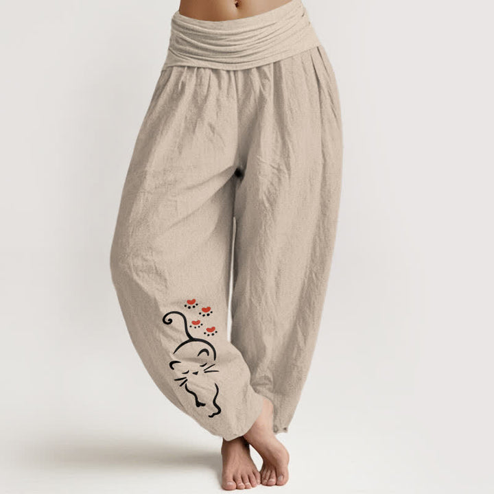 Buddha Stones Pantalones harem de algodón puro con estampado de dibujos animados de gatos y cintura elástica para mujer. - Broncearse - US16，UK/AU20，EU48 (3XL) - image 0