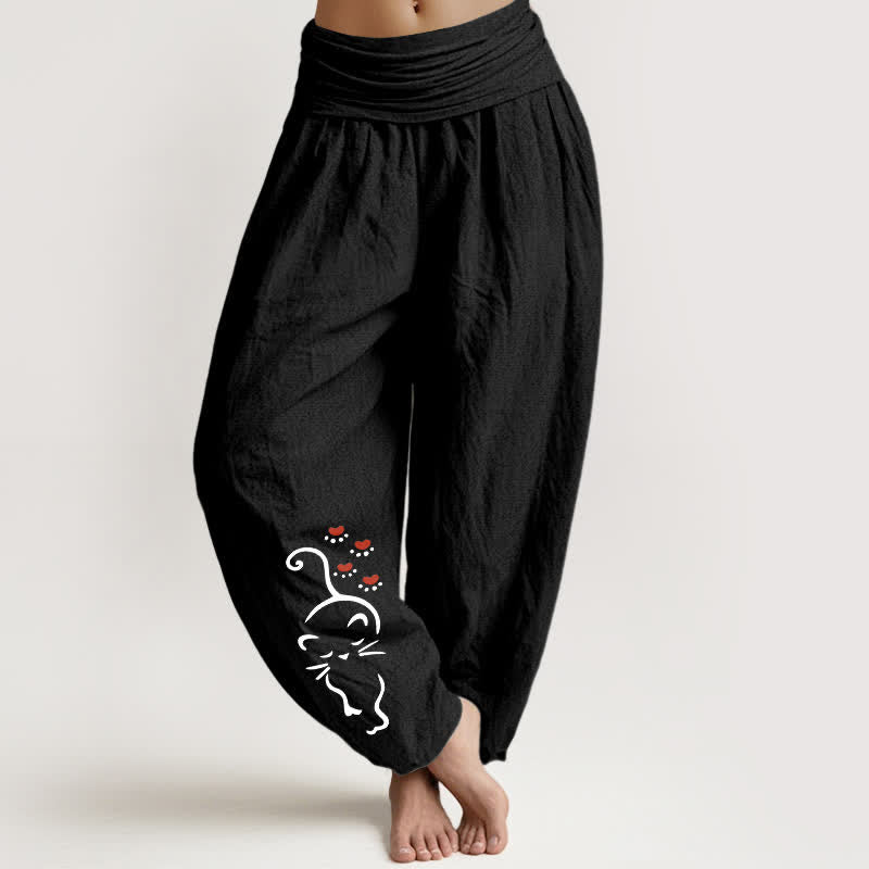 Buddha Stones Pantalones harem de algodón puro con estampado de dibujos animados de gatos y cintura elástica para mujer. - Negro - US16，UK/AU20，EU48 (3XL) - image 5