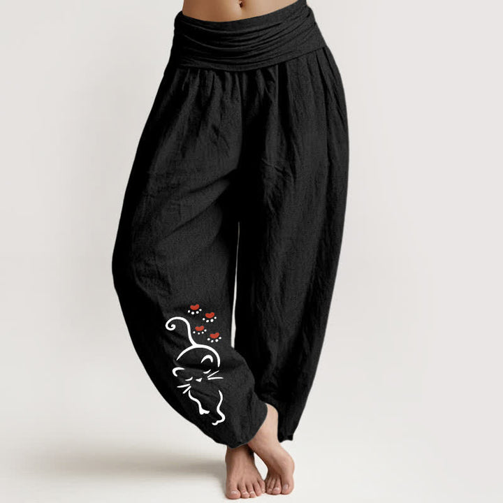 Buddha Stones Pantalones harem de algodón puro con estampado de dibujos animados de gatos y cintura elástica para mujer. - Negro - US16，UK/AU20，EU48 (3XL) - image 5