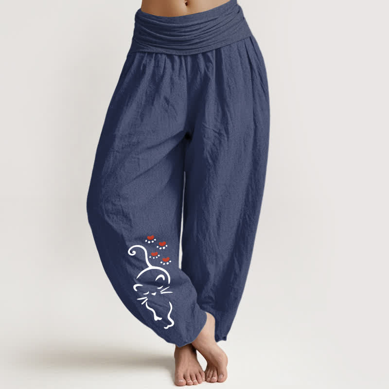 Buddha Stones Pantalones harem de algodón puro con estampado de dibujos animados de gatos y cintura elástica para mujer. - Azul pizarra oscuro - US16，UK/AU20，EU48 (3XL) - image 11