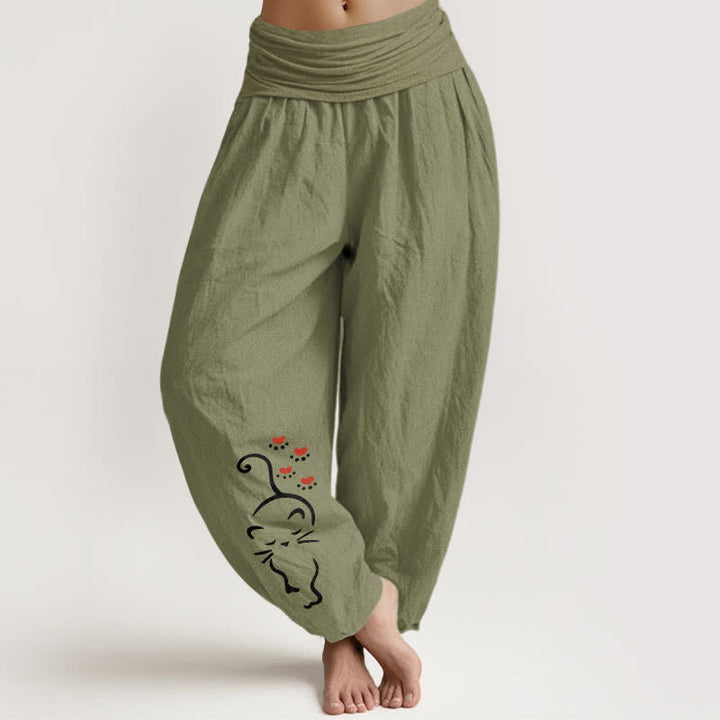 Buddha Stones Pantalones harem de algodón puro con estampado de dibujos animados de gatos y cintura elástica para mujer. - Verde oliva - US16，UK/AU20，EU48 (3XL) - image 14