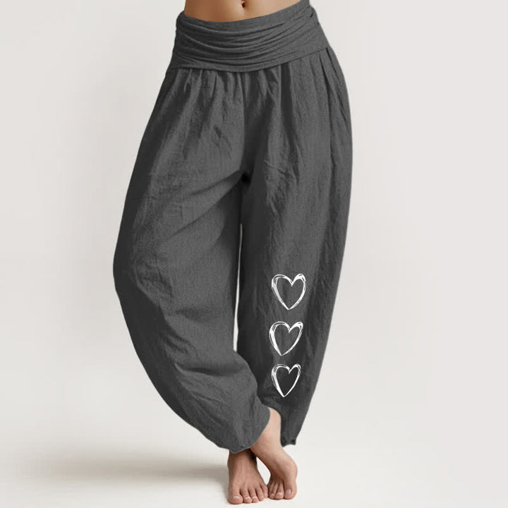 Buddha Stones Pantalones harem de algodón puro con estampado de tres corazones y cintura elástica para mujer. - Gris oscuro - US16，UK/AU20，EU48 (3XL) - image 8