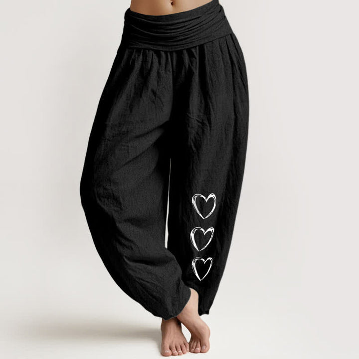 Buddha Stones Pantalones harem de algodón puro con estampado de tres corazones y cintura elástica para mujer. - Negro - US16，UK/AU20，EU48 (3XL) - image 0