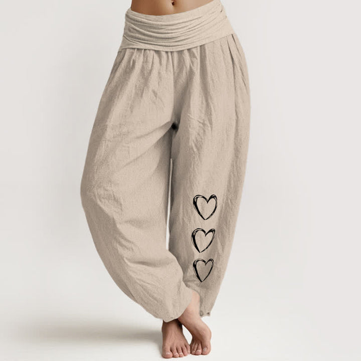 Buddha Stones Pantalones harem de algodón puro con estampado de tres corazones y cintura elástica para mujer. - Broncearse - US16，UK/AU20，EU48 (3XL) - image 14