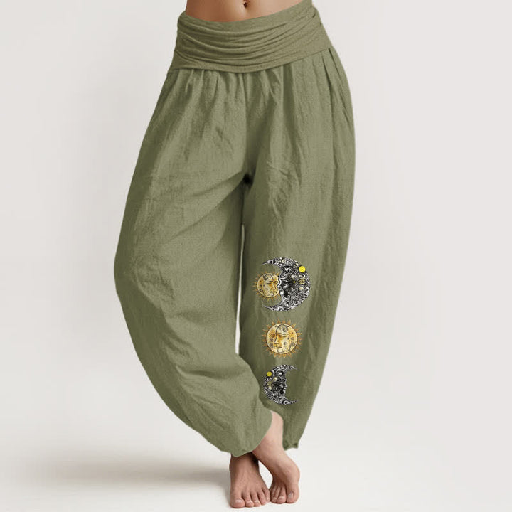 Buddha Stones Pantalones harem de algodón puro con estampado de sol y luna para mujer, cintura elástica. - Verde oliva - US16，UK/AU20，EU48 (3XL) - image 11