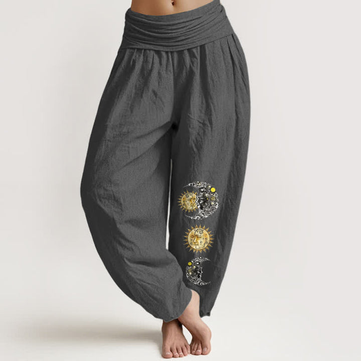 Buddha Stones Pantalones harem de algodón puro con estampado de sol y luna para mujer, cintura elástica. - Gris oscuro - US16，UK/AU20，EU48 (3XL) - image 8