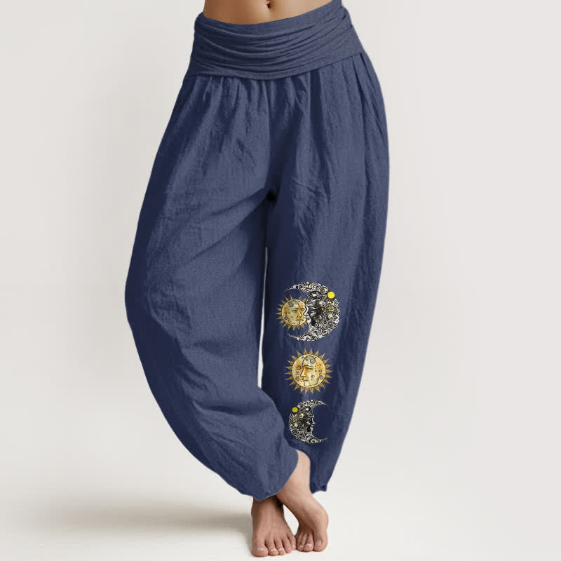 Buddha Stones Pantalones harem de algodón puro con estampado de sol y luna para mujer, cintura elástica. - Azul pizarra oscuro - US16，UK/AU20，EU48 (3XL) - image 5