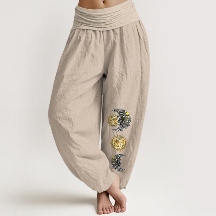 Buddha Stones Pantalones harem de algodón puro con estampado de sol y luna para mujer, cintura elástica. - Broncearse - US16，UK/AU20，EU48 (3XL) - image 14