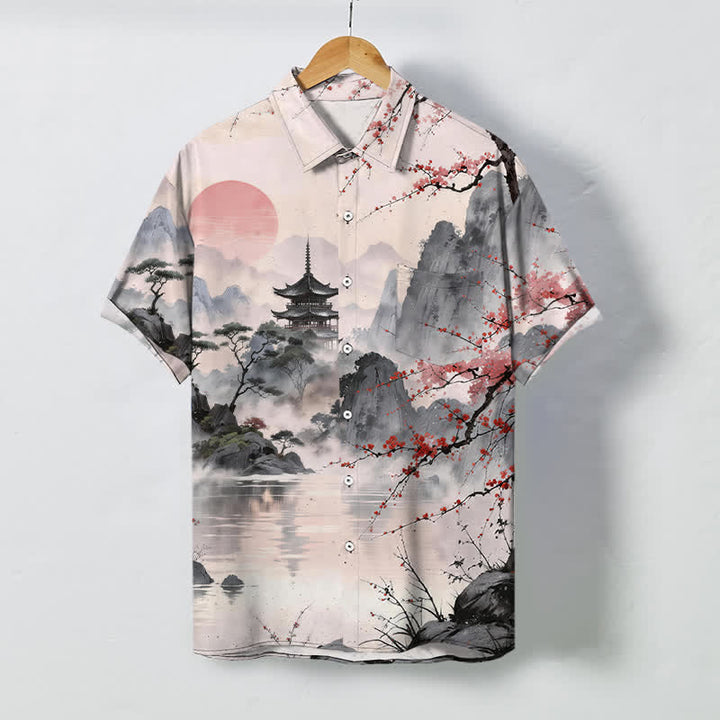 Buddha Stones Camisa de manga corta transpirable para hombre con botones y estampado de paisaje de tinta y flores. - Lino - US/UK/AU48, UE58 (4XL) - image 0