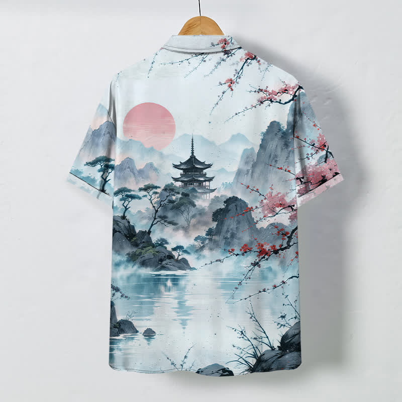 Buddha Stones Camisa de manga corta transpirable para hombre con botones y estampado de paisaje de tinta y flores. - image 6