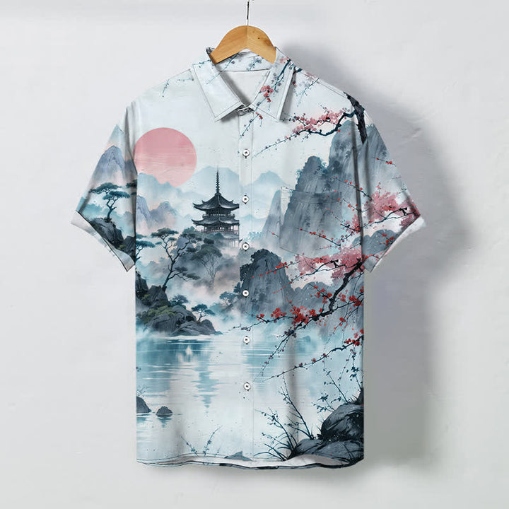 Buddha Stones Camisa de manga corta transpirable para hombre con botones y estampado de paisaje de tinta y flores. - Azul claro - US/UK/AU48, UE58 (4XL) - image 5