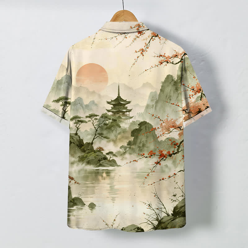 Buddha Stones Camisa de manga corta transpirable para hombre con botones y estampado de paisaje de tinta y flores. - image 8