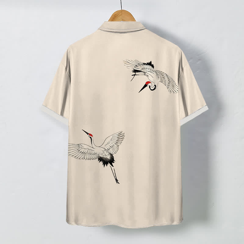 Buddha Stones Camisa transpirable de manga corta para hombre con botones y estampado de grulla blanca en pleno vuelo. - image 6