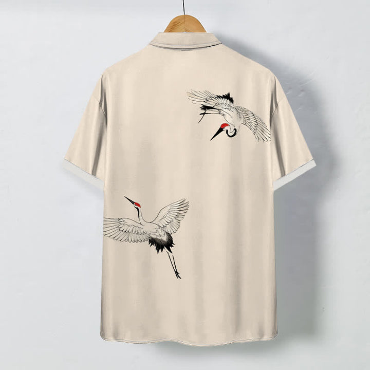 Buddha Stones Camisa transpirable de manga corta para hombre con botones y estampado de grulla blanca en pleno vuelo. - image 6