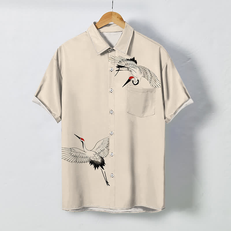 Buddha Stones Camisa transpirable de manga corta para hombre con botones y estampado de grulla blanca en pleno vuelo. - Beige - US/UK/AU48, UE58 (4XL) - image 5