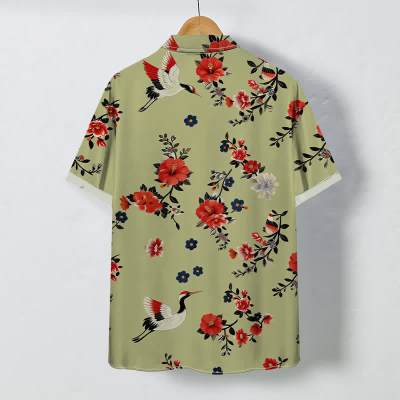 Buddha Stones Camisa transpirable de manga corta para hombre con botones y estampado de ramas de flores de grulla - image 6
