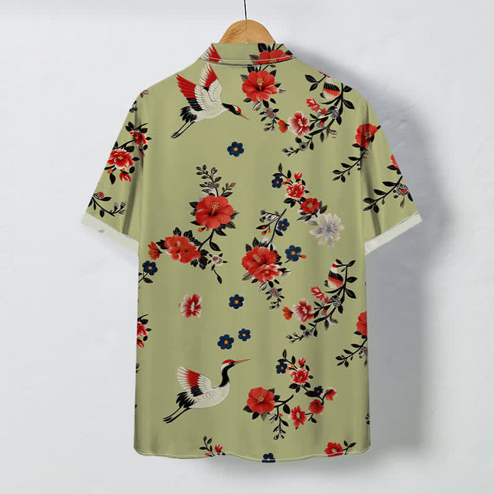 Buddha Stones Camisa transpirable de manga corta para hombre con botones y estampado de ramas de flores de grulla - image 6