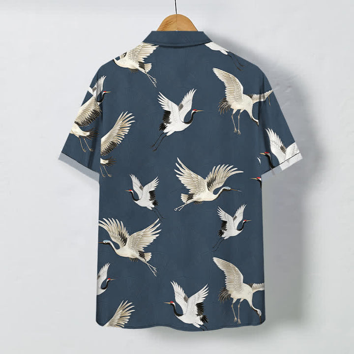 Buddha Stones Camisa transpirable de manga corta para hombre con botones y estampado de grulla blanca - image 1